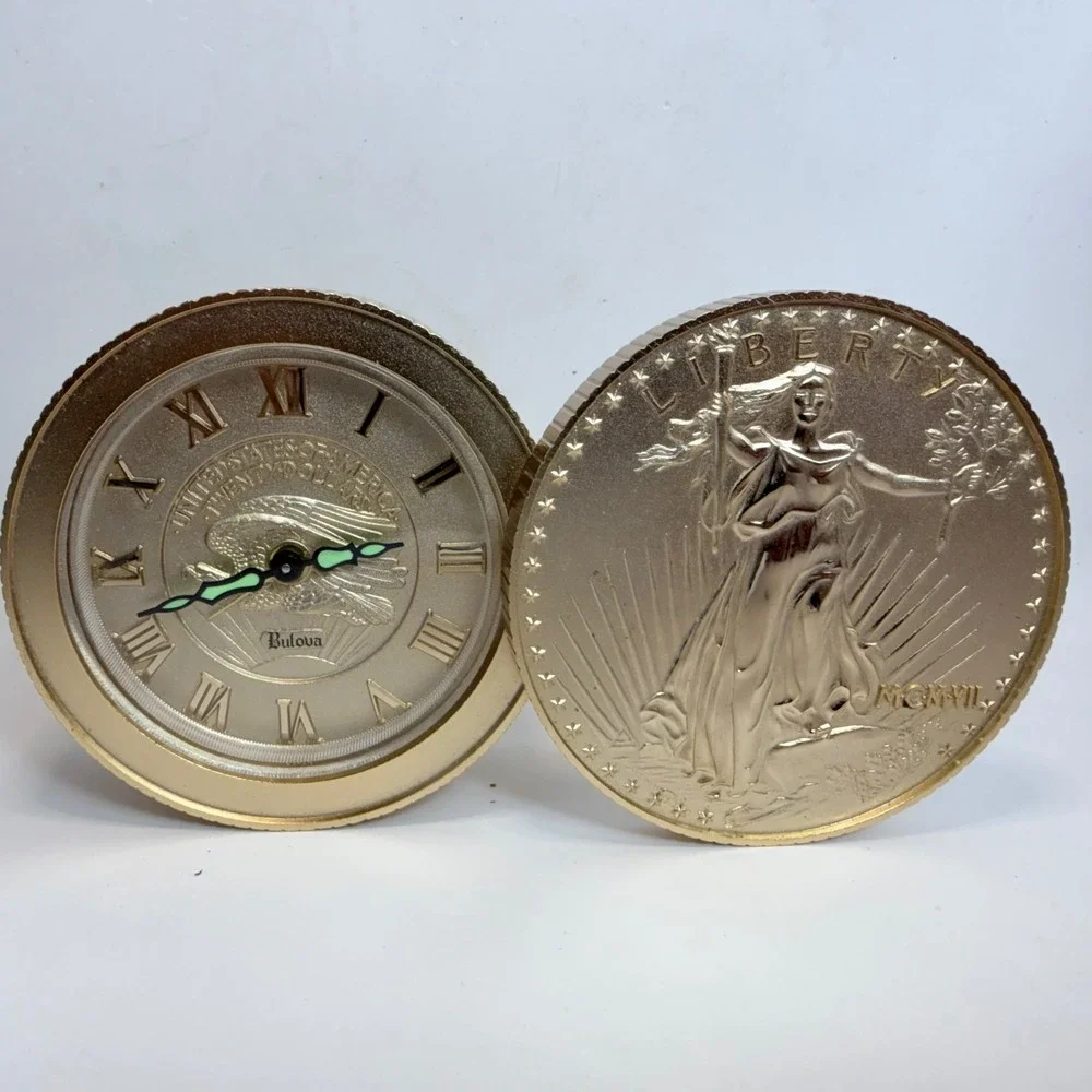 Vintage Bulova B-0671 Gold Coin Travel Alarm Clock Saint-Gaudens MCMVII Boxed